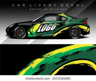 Car wrap decal with black green yellow colour, Car livery abstract design. Template sticker for racing, rally, daily use