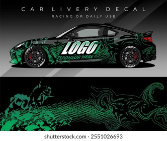 Car wrap decal with black green colour, Car livery abstract design. Template sticker for racing, rally, daily use