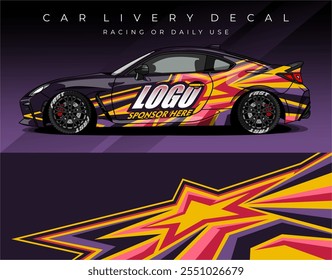 Car wrap decal with black purple yellow star colour, Car livery abstract design. Template sticker for racing, rally, daily use