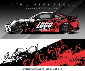 Car wrap decal with black red white colour, Car livery abstract design. Template sticker for racing, rally, daily use