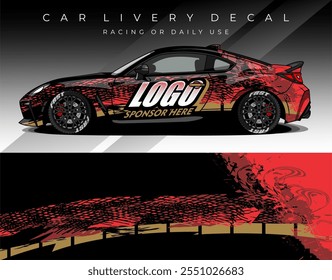 Car wrap decal with black red gold colour, Car livery abstract design. Template sticker for racing, rally, daily use