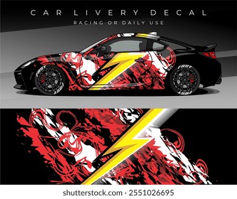 Car wrap decal with black red
white lightning yellow colour, Car livery abstract design. Template sticker for racing, rally, daily use