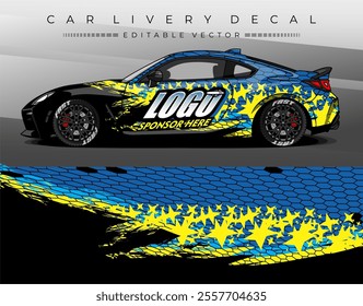 Car wrap decal design with black yellow blue colour. Livery car sticker abstract motif. Editable Vector. Suitable for racing, rally, daily use, etc