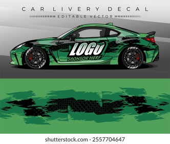 Car wrap decal design with black green colour. Livery car sticker abstract motif. Editable Vector. Suitable for racing, rally, daily use, etc