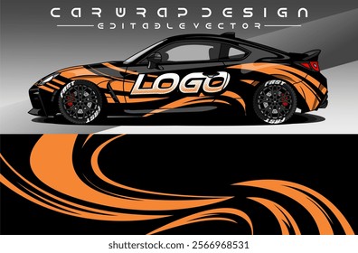 Car wrap decal design with orange black colour. Livery car sticker abstract motif. Editable Vector. Suitable for racing, rally, daily use, etc