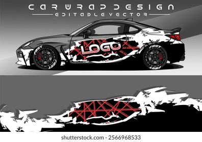 Car wrap decal design with white red black grey colour. Livery car sticker abstract motif. Editable Vector. Suitable for racing, rally, daily use, etc