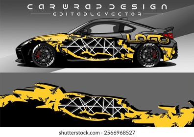 Car wrap decal design with yellow black colour. Livery car sticker abstract line motif. Editable Vector. Suitable for racing, rally, daily use, etc