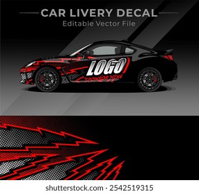 La etiqueta del abrigo del coche diseña el Vector lleno con el rayo rojo y el fondo negro. Fondo Abstractas de carreras y deporte para la librea del coche o etiqueta engomada del vinilo del coche del uso diario