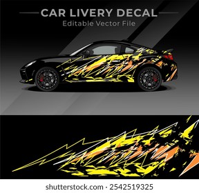 La etiqueta del abrigo del coche diseña el Vector lleno con el relámpago negro, amarillo, color anaranjado. Fondo Abstractas de carreras y deporte para la librea del coche o etiqueta engomada del vinilo del coche del uso diario