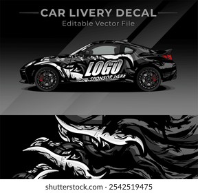 Diseños de calcomanías de envoltura de automóviles de Vector completo con color negro, gris y blanco. Fondo Abstractas de carreras y deporte para la librea del coche o etiqueta engomada del vinilo del coche del uso diario