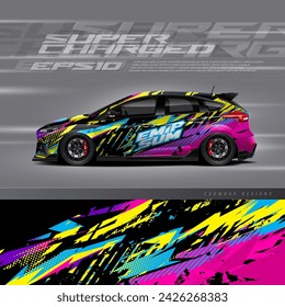 Car wrap decal graphic design. Abstract stripe racing background designs for wrap cargo van, race car, pickup truck, adventure vehicle. Eps 10