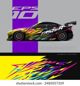 Car wrap decal graphic design. Abstract stripe racing background designs for wrap cargo van, race car, pickup truck, adventure vehicle. Eps 10