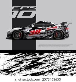 Car wrap decal graphic design. Abstract stripe racing background designs for wrap cargo van, race car, pickup truck, adventure vehicle. Eps 10