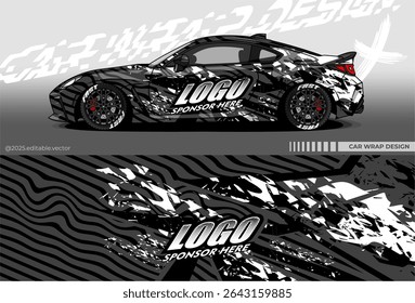 Car Wrap Design with black grey white colour. Abstract livery decal. Mockup template wraping for car. Suitable for racing, rally, drift, or daily use