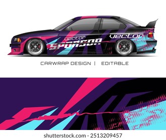 Car wrap design in black, purple, pink, and blue hues with a graphic element. Suitable for advertising on vehicles. Branding opportunity.