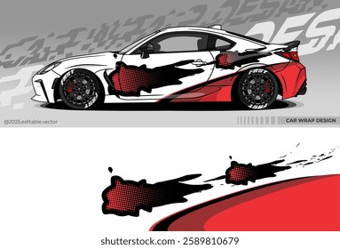 car wrap design with black and red paint splash pattern on a white sports car. This design gives a unique dynamic and aggressive look.