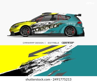 Car wrap design features yellow, gray, and teal colors, suitable for advertising vehicles with a modern, eye catching aesthetic.