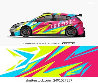 Car wrap design featuring abstract shapes in pink, blue, and yellow. Suitable for vehicle advertising or personal customization projects.