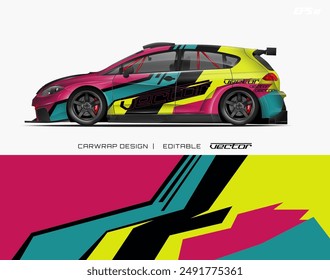 Car wrap design featuring pink, yellow, blue, and black geometric shapes. Ideal for adding a stylish touch to vehicles.