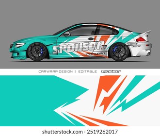 Car wrap design featuring vibrant turquoise, orange, and white graphics, suitable for eye catching vehicle advertising or branding purposes. Great for mobile marketing campaigns.