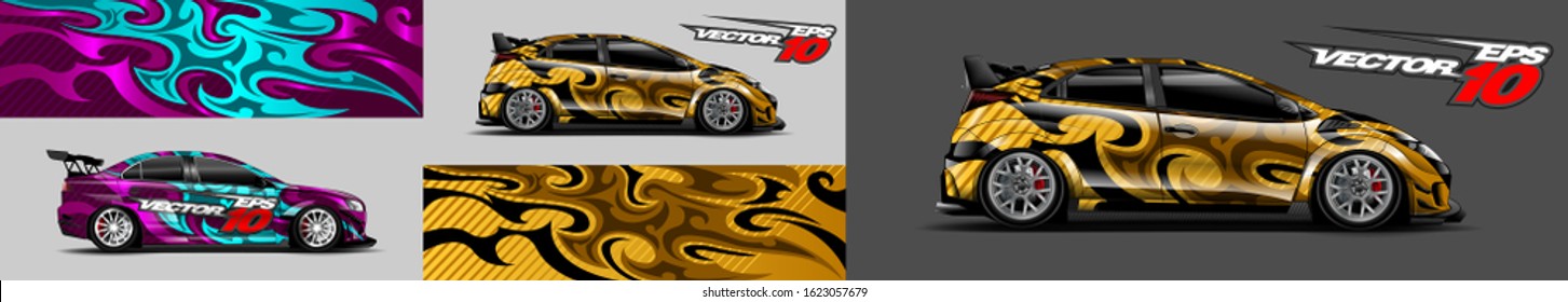 Car wrap design. Graphic abstract stripe racing background designs for vehicle, rally, race, adventure and livery car