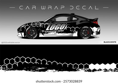 Car Wrap Design. Livery decal car vector with black white colour. Sticker full body car suitable for racing, rally and daily use