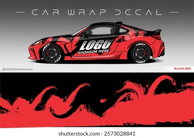 Car Wrap Design. Livery decal car vector with black red colour. Sticker full body car suitable for racing, rally and daily use