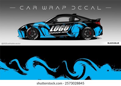 Car Wrap Design. Livery decal car vector with black blue colour. Sticker full body car suitable for racing, rally and daily use