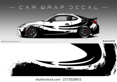 Car Wrap Design. Livery decal car vector with black white colour. Sticker full body car suitable for racing, rally and daily use