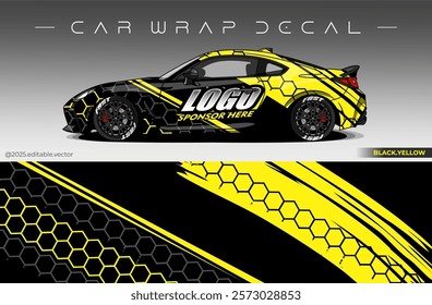 Car Wrap Design. Livery decal car vector with black yellow colour. Sticker full body car suitable for racing, rally and daily use