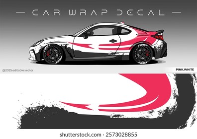 Car Wrap Design. Livery decal car vector with black pink white colour. Sticker full body car suitable for racing, rally and daily use