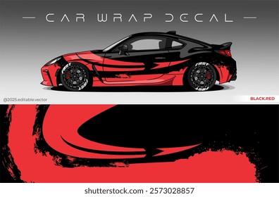 Car Wrap Design. Livery decal car vector with black red colour. Sticker full body car suitable for racing, rally and daily use