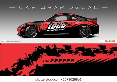 Car Wrap Design. Livery decal car vector with black red colour. Sticker full body car suitable for racing, rally and daily use