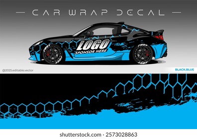 Car Wrap Design. Livery decal car vector with black blue colour. Sticker full body car suitable for racing, rally and daily use