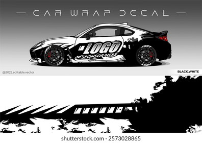 Car Wrap Design. Livery decal car vector with black white colour. Sticker full body car suitable for racing, rally and daily use