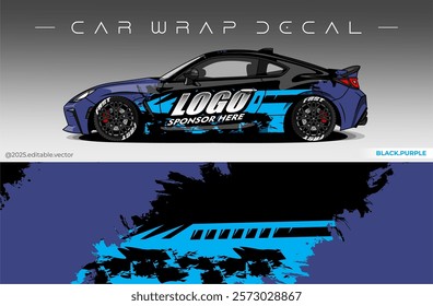 Car Wrap Design. Livery decal car vector with black blue colour. Sticker full body car suitable for racing, rally and daily use