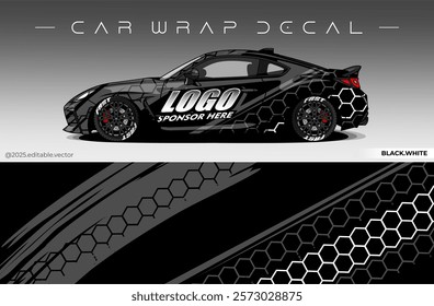 Car Wrap Design. Livery decal car vector with black white colour. Sticker full body car suitable for racing, rally and daily use