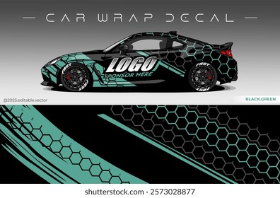 Car Wrap Design. Livery decal car vector with black green colour. Sticker full body car suitable for racing, rally and daily use