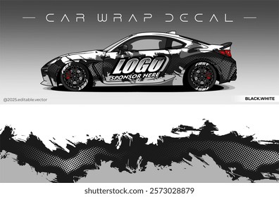 Car Wrap Design. Livery decal car vector with black white colour. Sticker full body car suitable for racing, rally and daily use