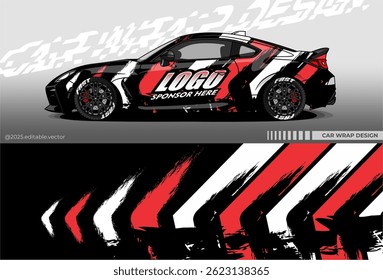 Car Wrap Design. Livery decal car vector with black red white colour. Sticker full body car suitable for racing, rally, drift and daily use