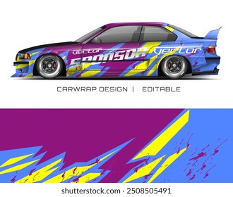 Car wrap design with purple, yellow, and blue patterns suitable for wrapping vehicles in vibrant and eye catching colors for a modern look.