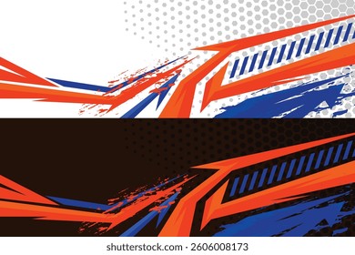 Car wrap design race livery vehicle vector. Graphic stripe racing background kit designs for vehicle, race car, rally, adventure and livery in a blue and orange color