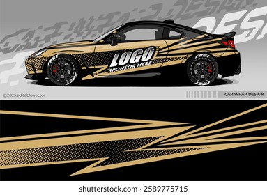 Car wrap design for sports cars. Dominated by black with gold accents. The design has a dynamic Lightning pattern with gold lines and dots, creating a sense of speed and movement.