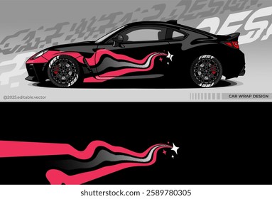 Car wrap design for sports car. dominated by black with pink and white accents. includes dynamic lines and large pink wave shapes on the sides of the car, plus white stars and dots pattern.