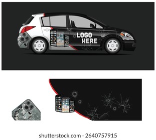 Car wrap design template featuring cracked phone screens, ideal for phone repair services or mobile insurance marketing.