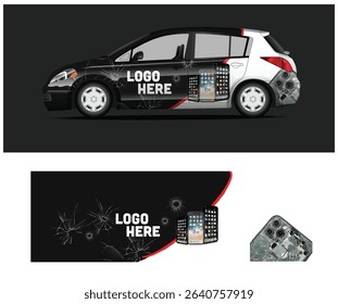 Car wrap design template featuring cracked smartphones, ideal for phone repair or screen replacement services.