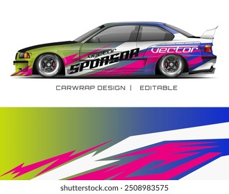 Car wrap design template in pink, green, blue, and white suitable for customizing vehicles for a vibrant and eye catching look.