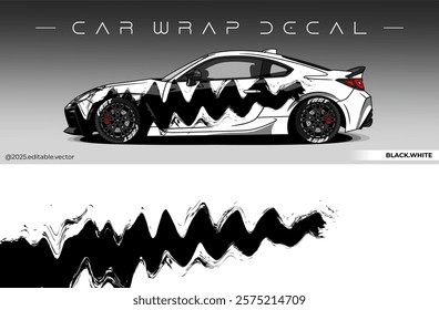 Car wrap design vector with black and white colour. Livery abstract decal template. Editable vector suitable for racing, rally or daily use