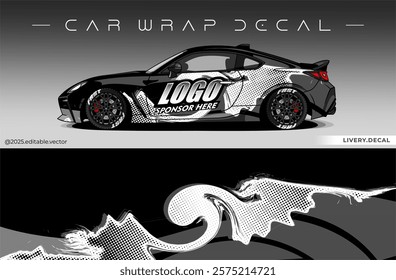 Car wrap design vector with black and white colour. Livery abstract decal template. Editable vector suitable for racing, rally or daily use