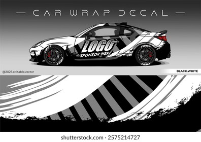 Car wrap design vector with black and white colour. Livery abstract decal template. Editable vector suitable for racing, rally or daily use